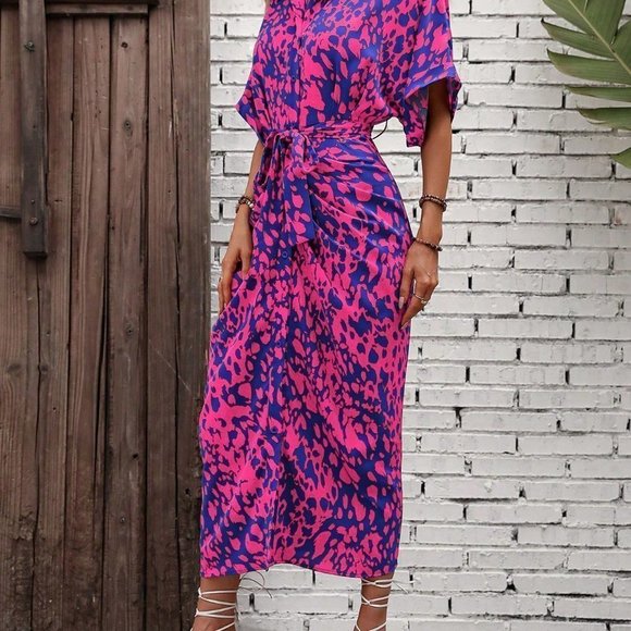 Multicolor Boho Womens Allover Print Batwing Sleeve Belted Shirt Dress - Picture 5 of 5